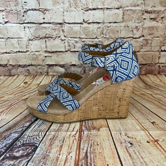 New Toms Blue & White Espadrille Cork Wedge sz 8.5 - Picture 3 of 7